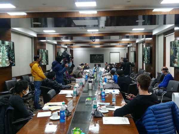 A visual from the meeeting between the members of Foreign Correspondents' Club of South Asia and Union Agriculture Minister Narendra Singh Tomar on Monday in New Delhi.