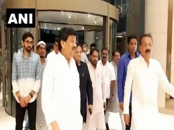 Congress leader Ahmed Patel and other party leaders in Mumbai on Sunday. Photo/ANI