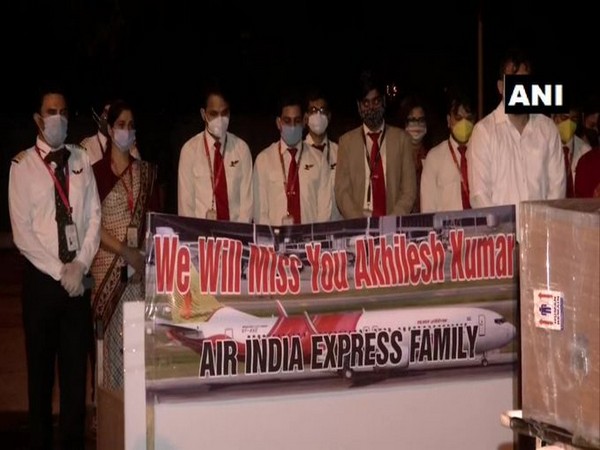 A visual of Air India Express employees paying tribute to co-pilot Akhilesh Kumar in New Delhi on Sunday.  Photo/ANI. 