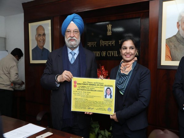 Minister of State for Civil Aviation Hardeep Singh Puri handed over first ever license to Air Traffic Controller (ATC) Payal Yadav