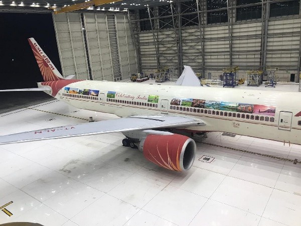 Air India aircraft decorated with heritage pictures in Nagpur, Maharashtra.