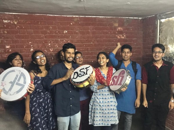 Left Unity students celebrating the JNUSU results on the campus on Tuesday. Photo/ANI