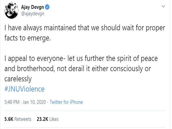 Devgn's commenting on the JNU issue through his recent Tweet (Picture Courtesy: Twitter)