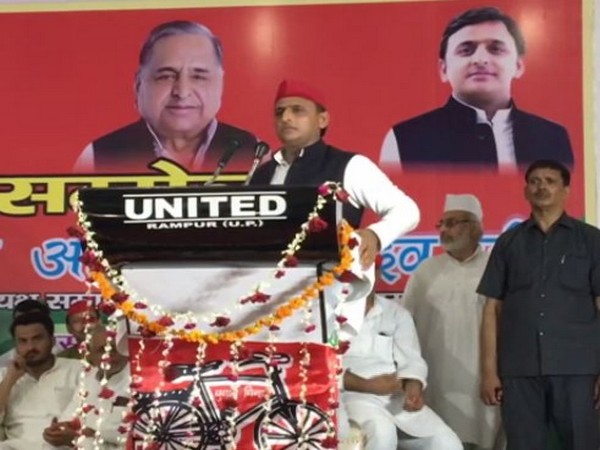 SP chief Akhilesh Yadav addressing party workers in Rampur, Uttar Pradesh on Friday. Photo/ANI