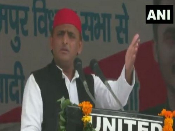 Samajwadi Party president Akhilesh Yadav speaking at a rally in Rampur on Saturday. Photo/ANI