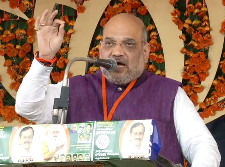 BJP president Amit Shah addressing an election rally here on Tuesday. Photo/ANI