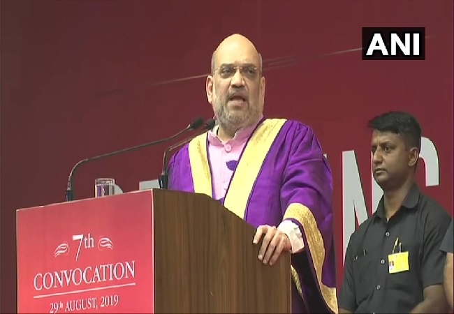 Union Home Minster Amit Shah speaking at an event in Gandhinagar, Gujarat on Thursday. Photo/ANI