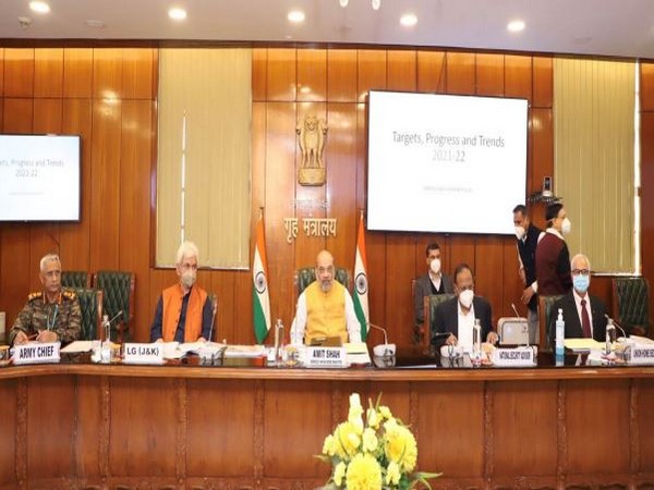 Amit Shah during the review meeting along with Kashmir Lieutenant Governor Manoj Sinha. (Photo/ANI)