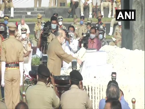 Union Home Minister Amit Shah paying tribute to the police personnel who lost their lives in the line of duty. (Photo/ANI)