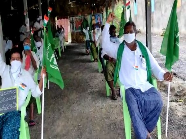 Farmers at agitation site in Amaravati. (Photo/ANI)