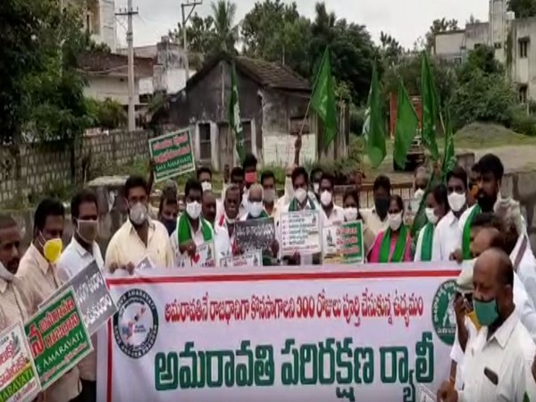 Protesters representating APSJAC in Krishna district, Amravati today. (Photo/ANI)