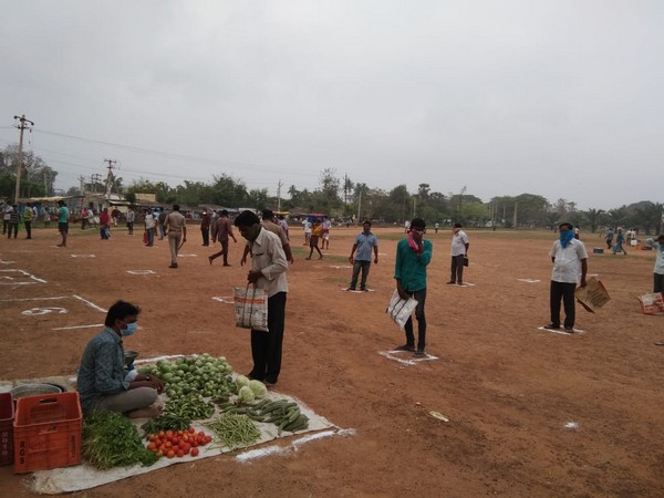 Social distancing being practised at a vegetable market in Andhra Pradesh in the wake of Covid-19 outbreak