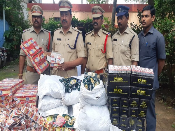 Nandigama police arrested two people and seized banned tobacco worth Rs 5.4 lakh in Kanchikacherla village, Krishna district. (Photo/ANI)