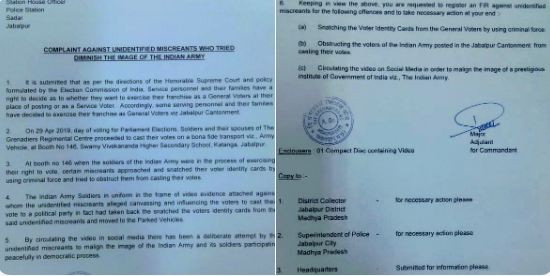 Army officials in Jabalpur, Madhya Pradesh, have filed a complaint against unidentified miscreants for trying to snatch voter ID cards of general voters