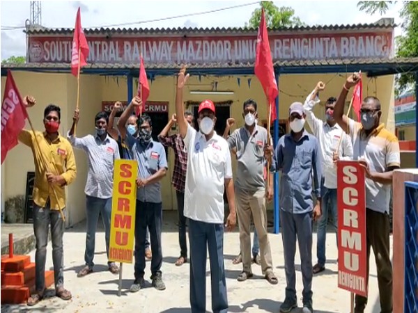 Railway employees demanding to be treated as frontline workers. (Photo/ANI)