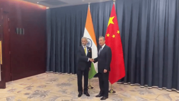 External Affairs Minister S Jaishankar meets Chinese counterpart Wang Yi in Astan, Kazakhstan. (Visuals: ANI)