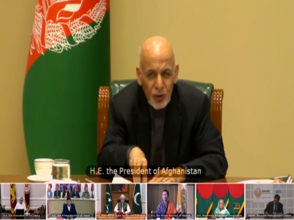 Afghan President Ashraf Ghani speaking via video conferencing on ways and means to combat COVID-19 in SAARC region Sunday. Photo/ANI