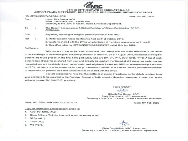 The letter by Assam NRC Coordinator Hitesh Dev Sarma