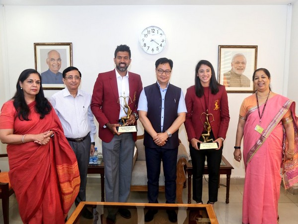 Union Sports and Youth Affairs Minister Kiren Rijiju conferred Arjuna Awards to tennis player Rohan Bopanna and women cricketer Smriti Mandhana.