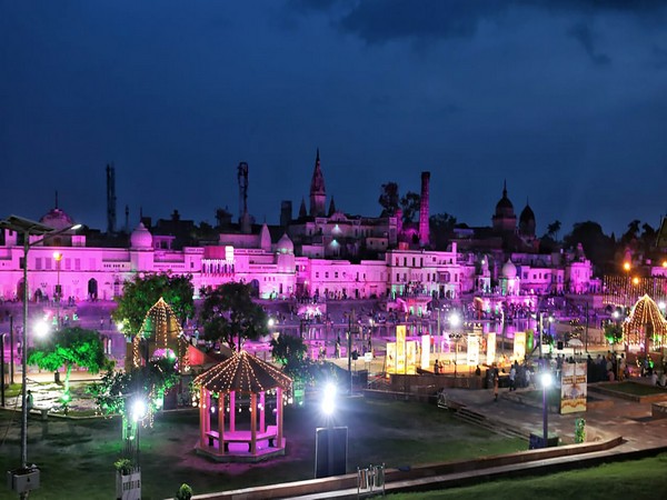 An illuminated view of Ayodhya city ahead of the foundation laying ceremony of Ram Temple in Ayodhya on Monday. Photo/ANI