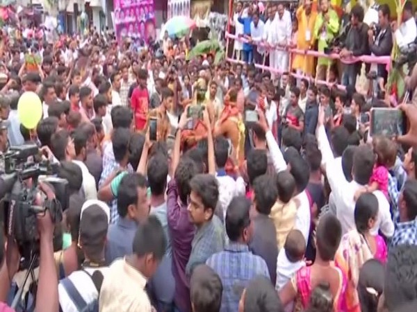 Devotees at Simhavahini Mahankali temple in Hyderabad on Sunday. Photo/ANI