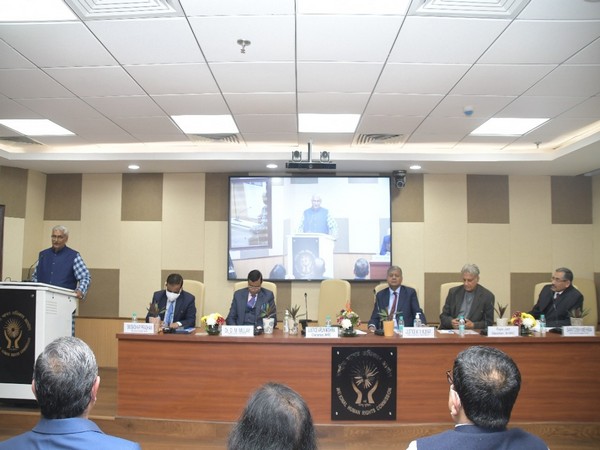 National Human Rights Commission Chairperson Justice Arun Mishra at the press conference along with others (Photo/ANI)