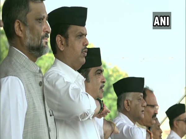 Maharashtra Chief Minister Devendra Fadanvis, Union Minister Nitin Gadkari and former Army chief VK Singh at RSS event in Nagpur on Tuesday. Photo/ANI