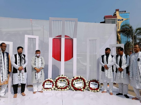 Tripura Education Minister Ratan Lal Nath alog with others attending the International Mother Language Day event at Rabindra Bhavan in Agartala. (ANI/photo)