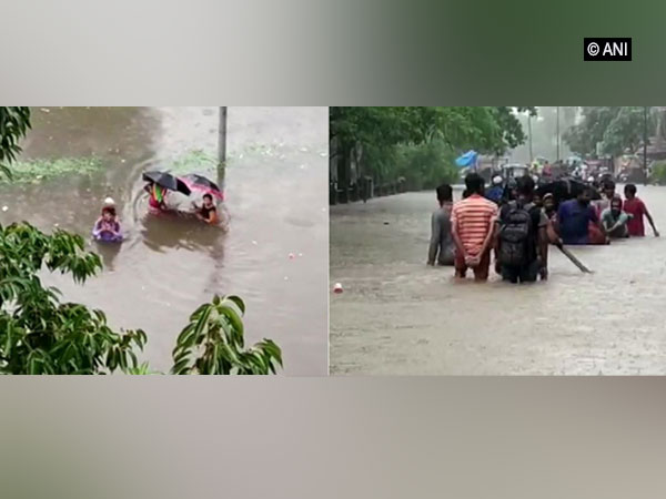 People wading through chest-deep water in Ulhasnagar (Left) and waterlogged streets of Bhiwandi (Right)