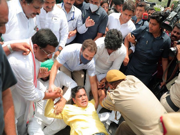 Congress MP Hibi Eden being detained as party leader Rahul Gandhi with other leaders stage a sit-in protest at Vijay Chowk. (ANI Photo/ Congress Twitter)