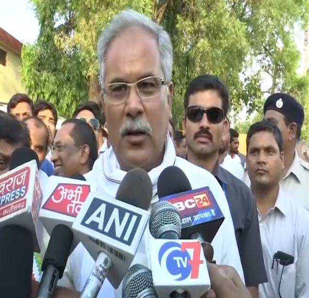 Chhattisgarh Chief Minister Bhupesh Baghel talking to media persons at Raipur on Sunday. Photo/ANI