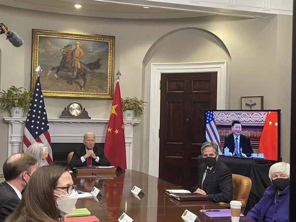 US President Joe Biden and other officials during a virtual meeting with Xi Jinping. (Pic courtesy: Meghan Hays , director message planning, WH)