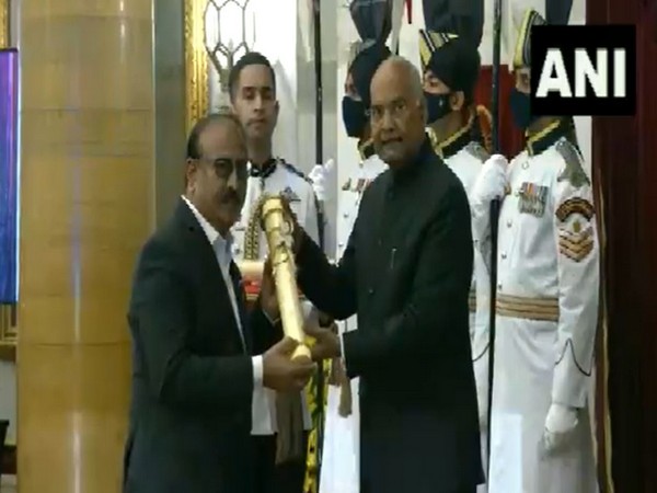 D Krishna Ella receiving Padma Bhushan from the President Kovind (Photo/ANI)