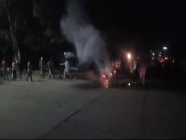 Police were at the spot to recover the bike after the fire was successfully doused. Photo/ANI