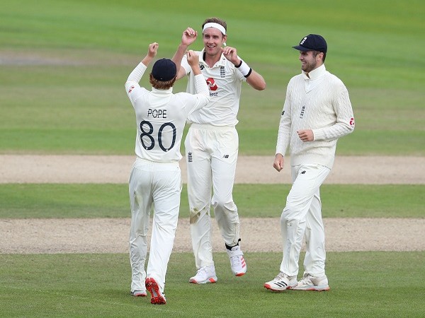 England's Stuart Broad celebrates with the teammates