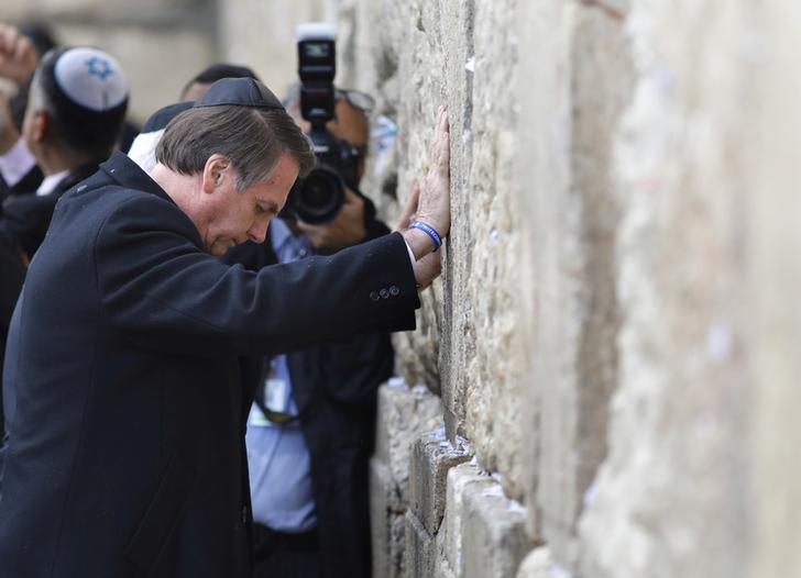 Brazilian President Jair Bolsonaro visits the Western Wall in Jerusalem's Old City on Monday