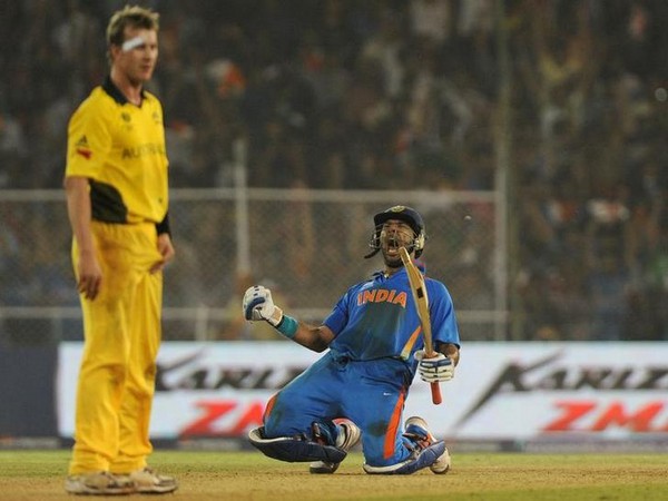 Yuvraj celebrates after India defeats Australia in 2011 WC.
