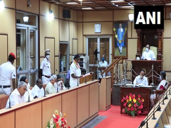 Puducherry Chief Minister V Narayanasamy presenting annual finance budget in Legislative Assembly on Monday. (Photo/ANI)