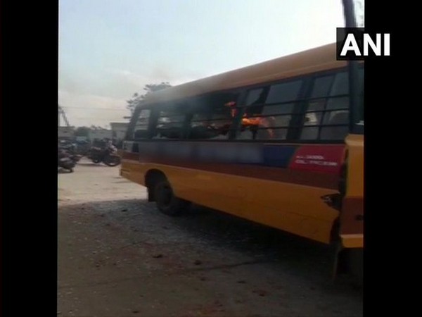 A visual from the incident at Nellore when locals set the school bus on fire on Thursday 