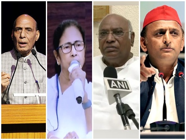Union Minister Rajnath Singh, West Bengal CM Mamata Banerjee, Congress leader Mallikarjun Kharge, Samajwadi Party chief Akhilesh Yadav (From left to right)