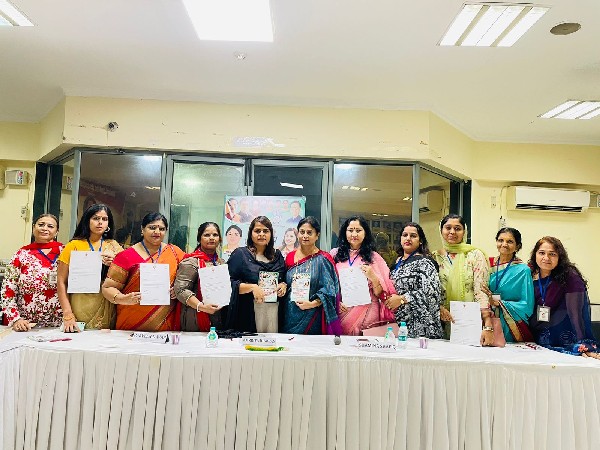 Visual from Delhi Pradesh Mahila Congress office in Delhi, while passing the resolution (Photo/ANI)