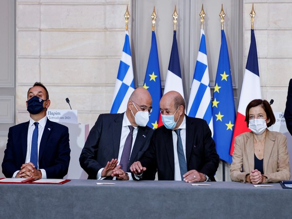 Greek Defence Minister Nikolaos Panagiotopoulos, Greek Foreign Affairs Minister Nikos Dendias, French Foreign Affairs Minister Jean-Yves Le Drian and French Defence Minister Florence Parly