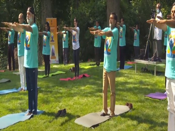 Yoga enthusiasts at an event organised by the Indian embassy in the US to mark the International Day of Yoga.