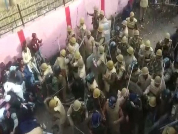 Police cane-charging protesters in UP's Bahraich on Friday.