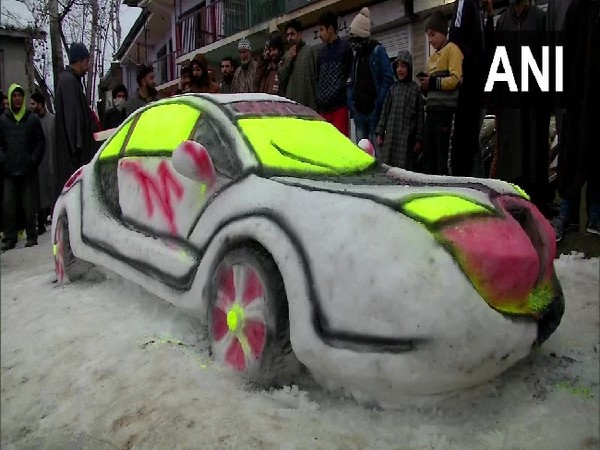 The car model made out of snow in Srinagar, Jammu and Kashmir. 