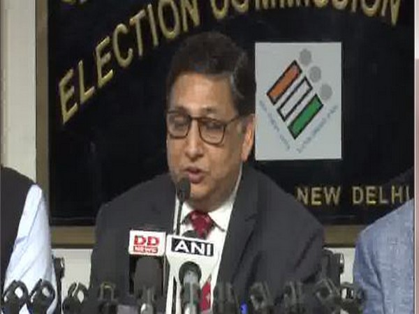 Deputy Election Commissioner Umesh Sinha addressing a media briefing on Tuesday