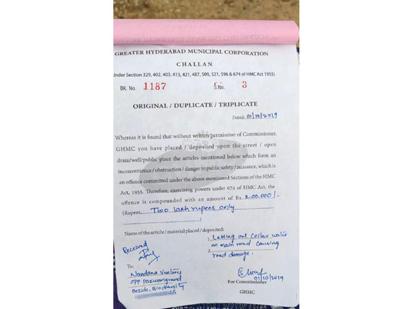 Challan issued by Greater Hyderabad Municipal Corporation.