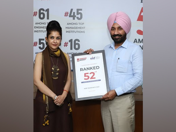 Satnam Singh Sandhu, Chancellor Chandigarh University and Prof Himani Sood, Sr Vice-President, Chandigarh University announcing the ranking of University in NIRF Rankings 2021