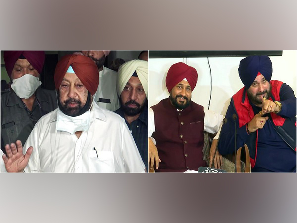 Former Punjab Chief Minister Amarinder Singh (left) and Chief Minister Charanjit Singh Channi with Navjot Singh Sidhu