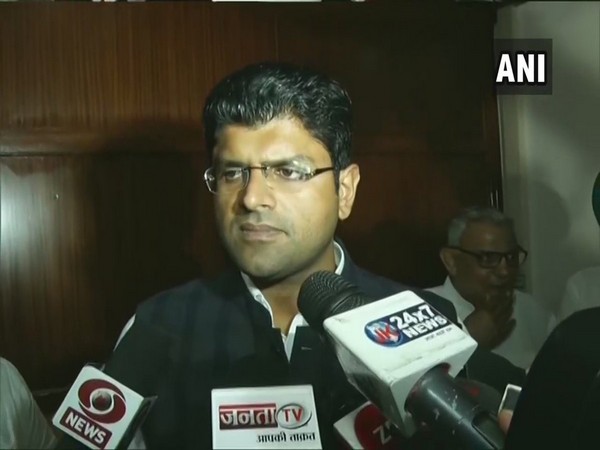 Haryana Deputy Chief Minister Dushyant Chautala talking to reporters in Chandigarh on Monday. Photo/ANI